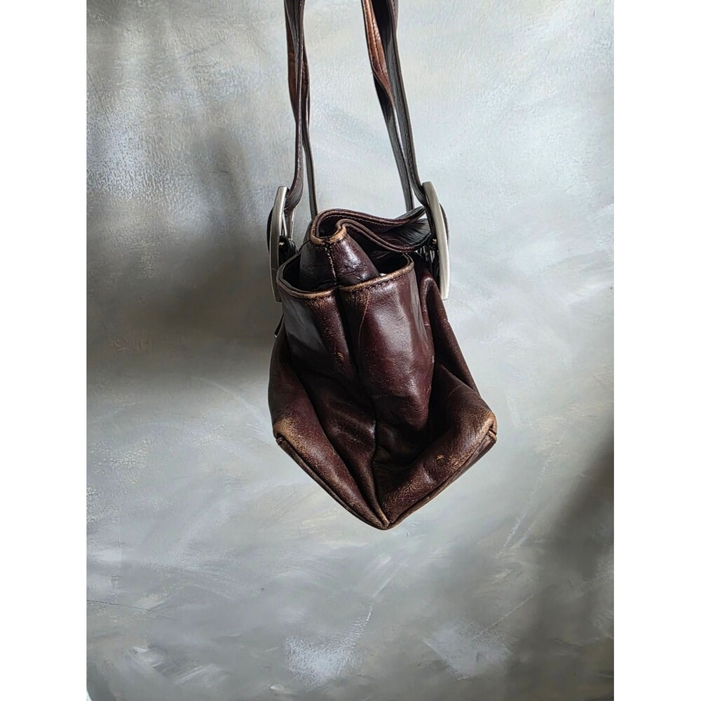 Keneth Cole Brown Leather Shoulder Bag Silver Hardware Buckles Weathered Patina - Picture 3 of 11